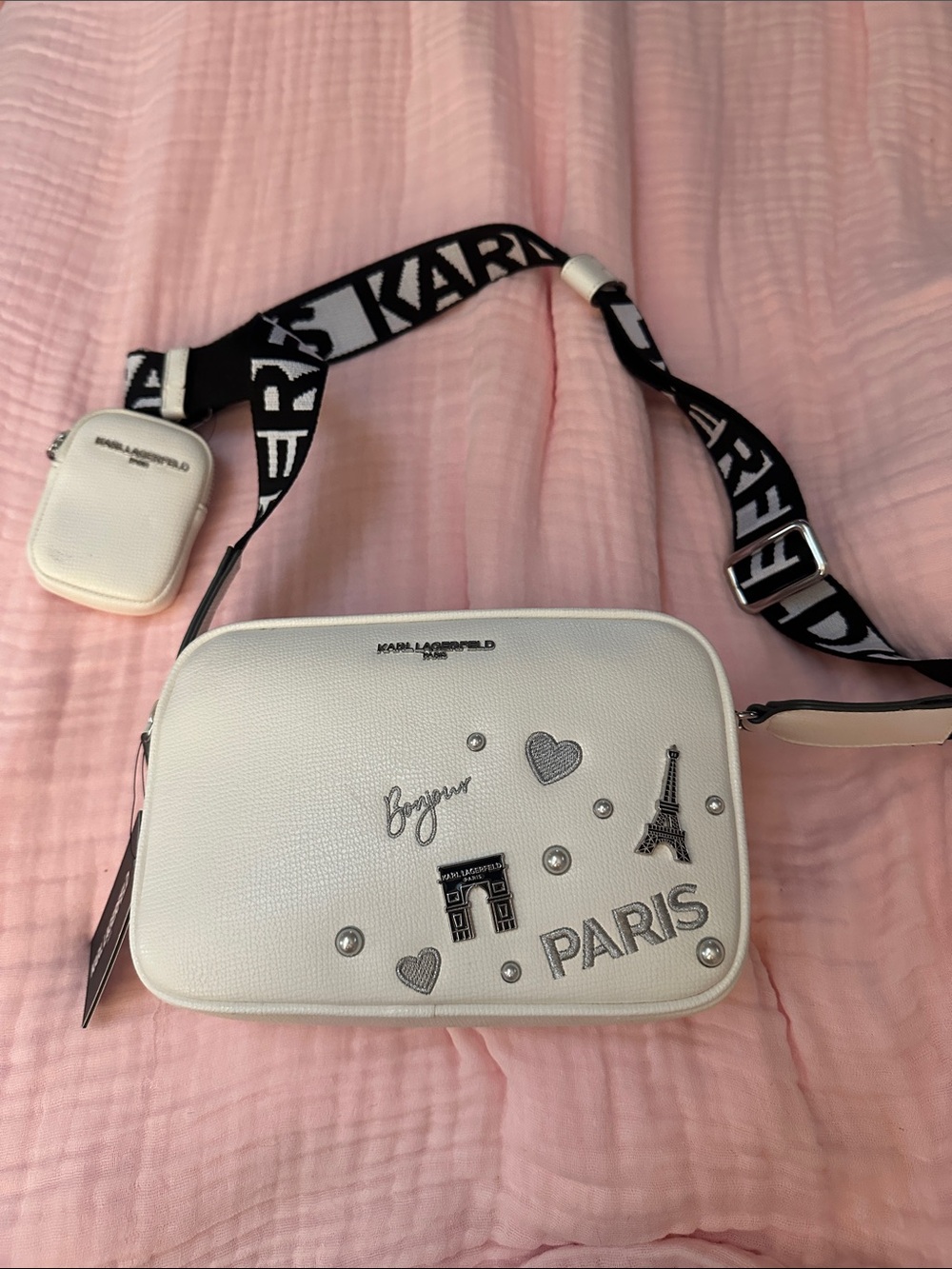 Karl Lagerfeld White Paris Patch Crossbody Bag with Black Logo Strap NWT